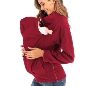 Amazon foreign trade popular multi-functional mother kangaroo sweater autumn and winter nursery bag nursing sweater Plush (Option: Wine Red-XXL)